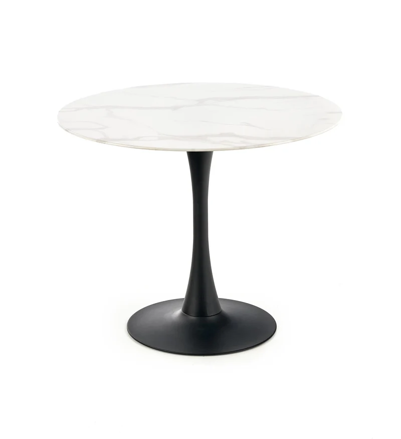 Tavolo tondo vetro effetto marmo bianco con piede in acciaio nero Ambrosio Ø 90 cm