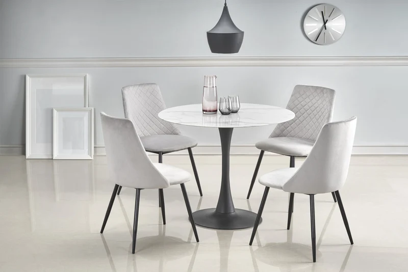 Tavolo tondo vetro effetto marmo bianco con piede in acciaio nero Ambrosio Ø 90 cm