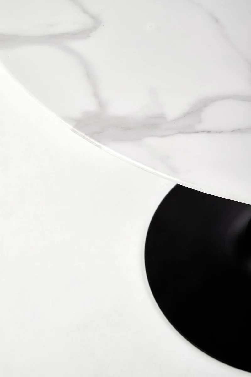 Tavolo tondo vetro effetto marmo bianco con piede in acciaio nero Ambrosio Ø 90 cm