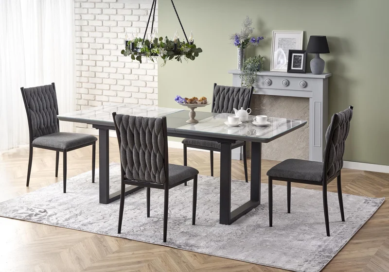 Tavolo allungabile in vetro bianco effetto marmo con gambe in acciaio nero Marley 160x90 cm - allungabile fino a 200 cm