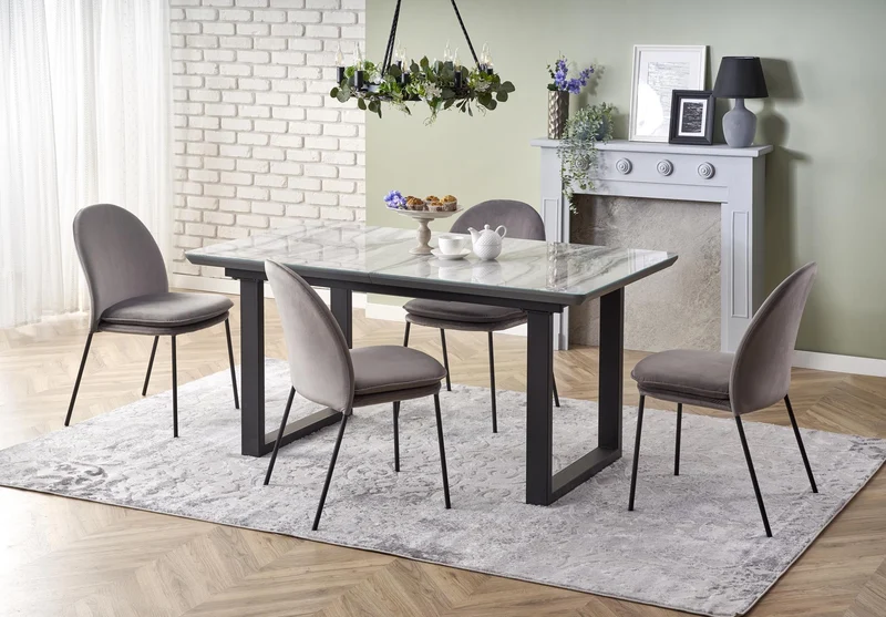 Tavolo allungabile in vetro bianco effetto marmo con gambe in acciaio nero Marley 160x90 cm - allungabile fino a 200 cm