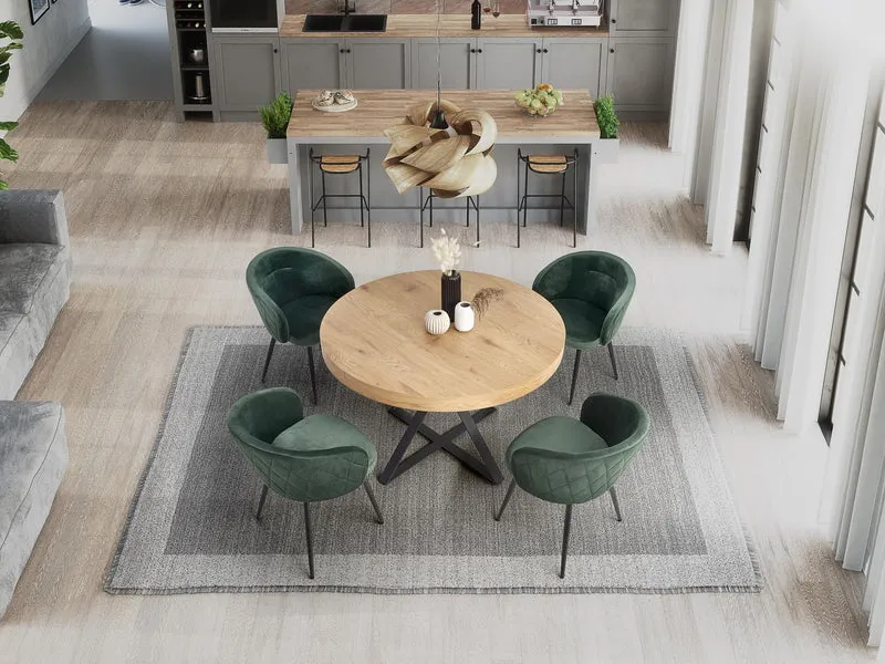Tavolo tondo allungabile in MDF laminato rovere con gambe in acciaio nero Mercy Ø 120 cm - allungabile a 160cm