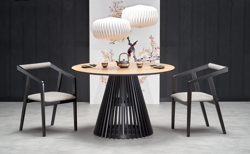 Tavolo tondo in MDF impiallacciato rovere e piede nero Miyaki Ø 120 cm