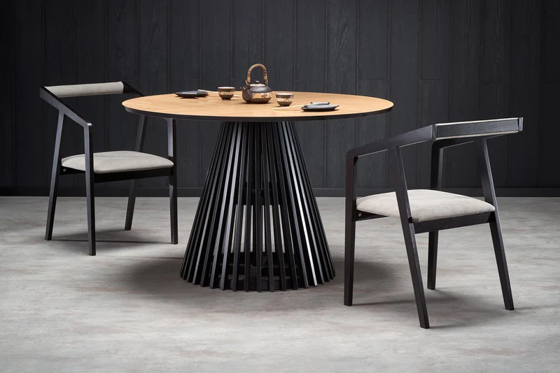 Tavolo tondo in MDF impiallacciato rovere e piede nero Miyaki Ø 120 cm