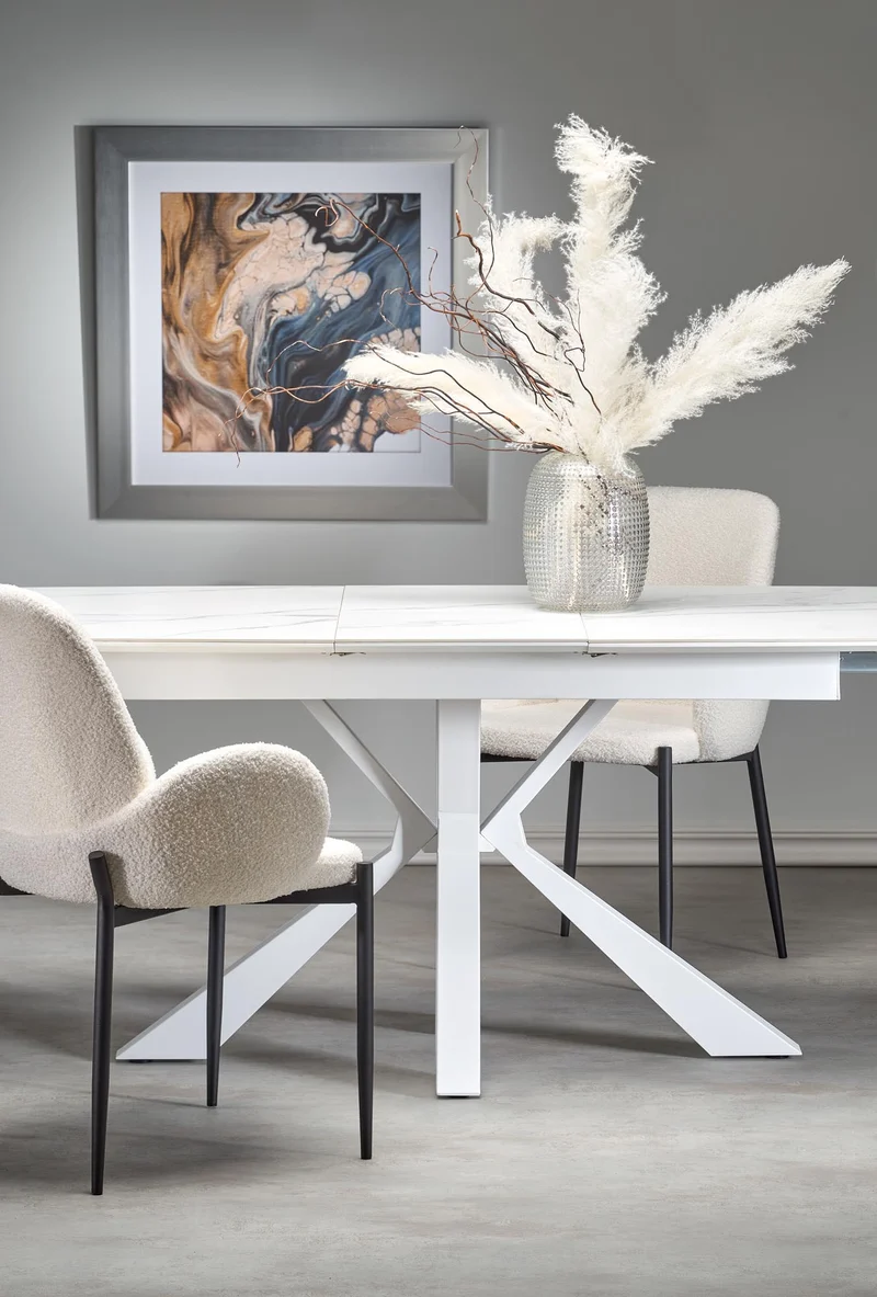 Tavolo allungabile in pietra sinterizzata effetto marmo bianco con gambe in acciaio bianco Vivaldi 160x89 cm - allungabile fino a 200 cm