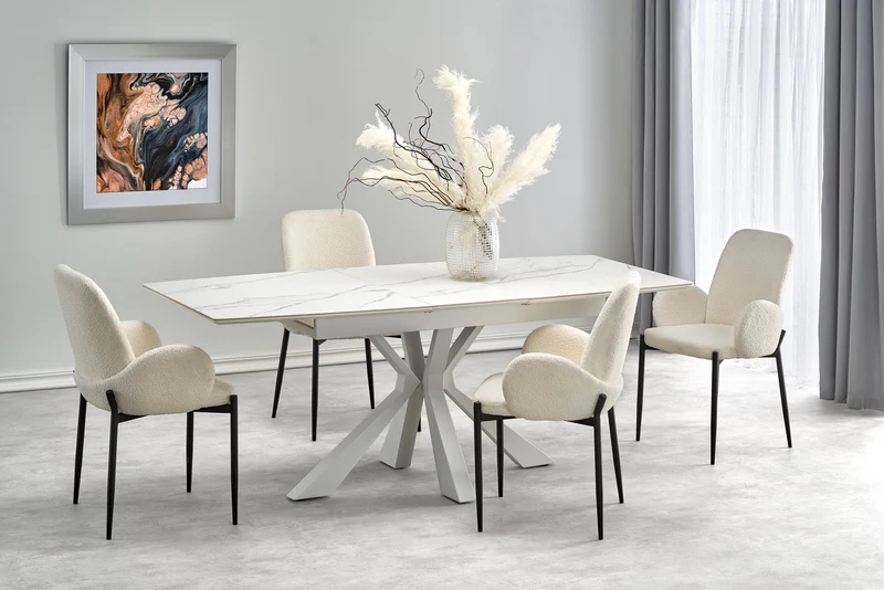 Tavolo allungabile in pietra sinterizzata effetto marmo bianco con gambe in acciaio bianco Vivaldi 160x89 cm - allungabile fino a 200 cm