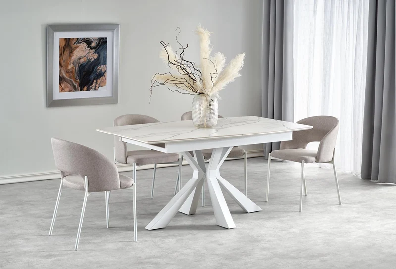 Tavolo allungabile in pietra sinterizzata effetto marmo bianco con gambe in acciaio bianco Vivaldi 160x89 cm - allungabile fino a 200 cm