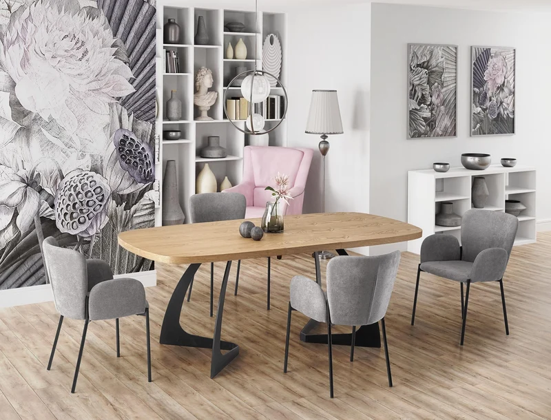 Tavolo allungabile in legno MDF impiallacciato rovere con gambe in acciaio nero Veldon 160x90 cm - allungabile fino a 200 cm