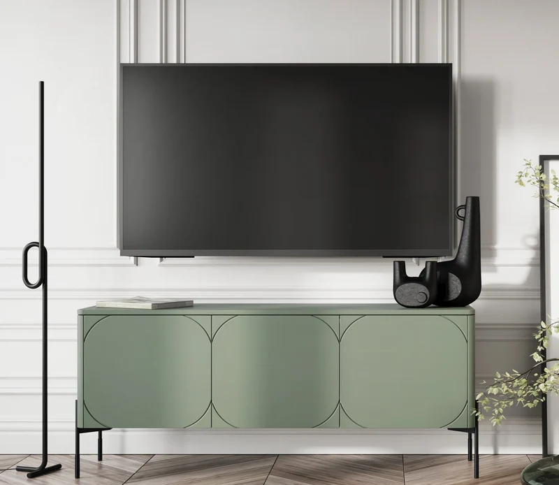 Mobile TV 3 ante verde oliva con piede in metallo nero Sonatia 154x65 cm