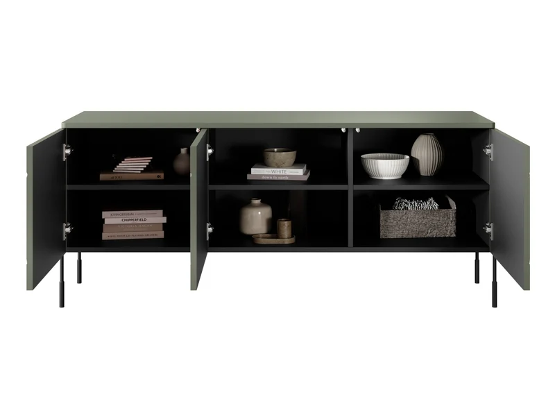 Mobile TV 3 ante verde oliva con piede in metallo nero Sonatia 154x65 cm