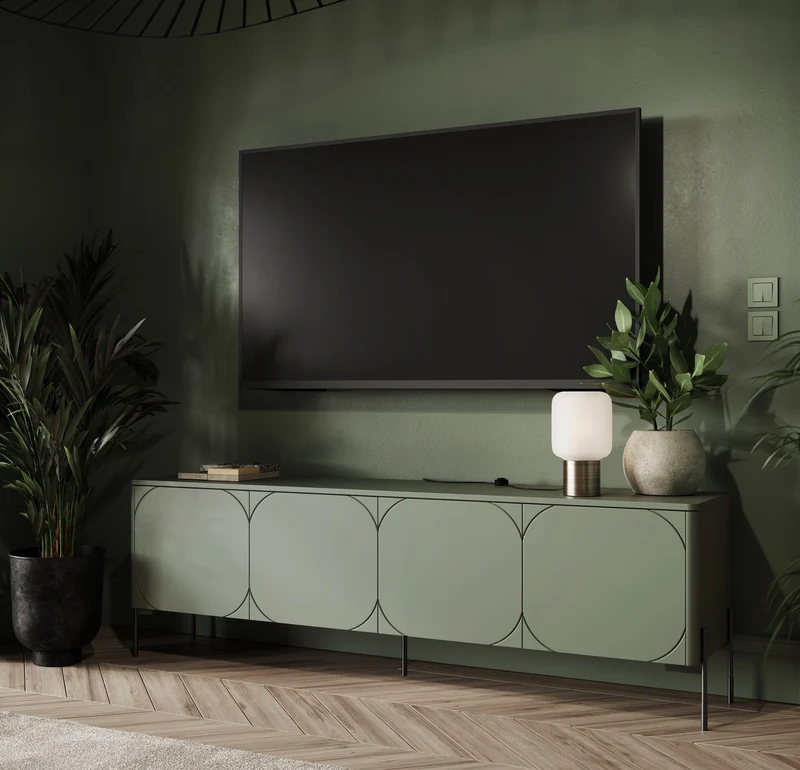 Mobile TV 4 ante con piede in metallo verde oliva Sonatia 204x65 cm