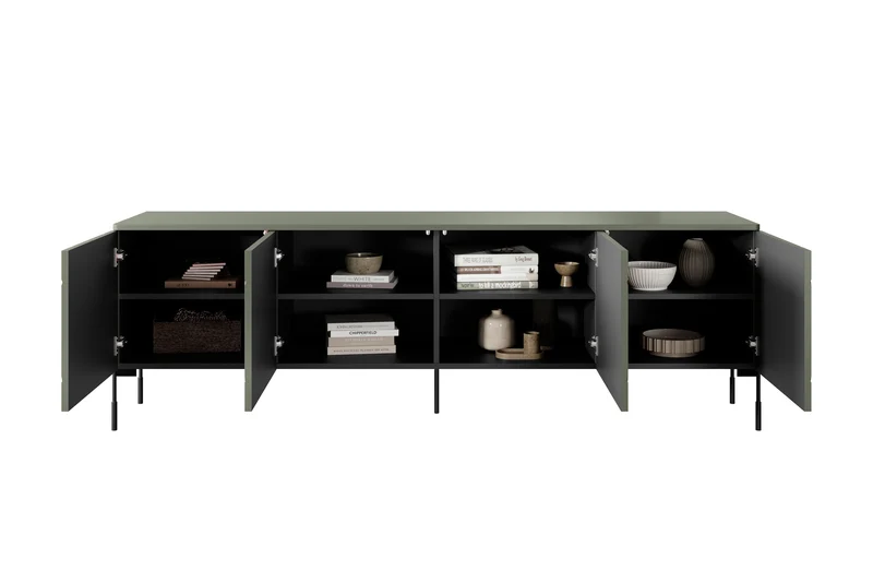 Mobile TV 4 ante con piede in metallo verde oliva Sonatia 204x65 cm