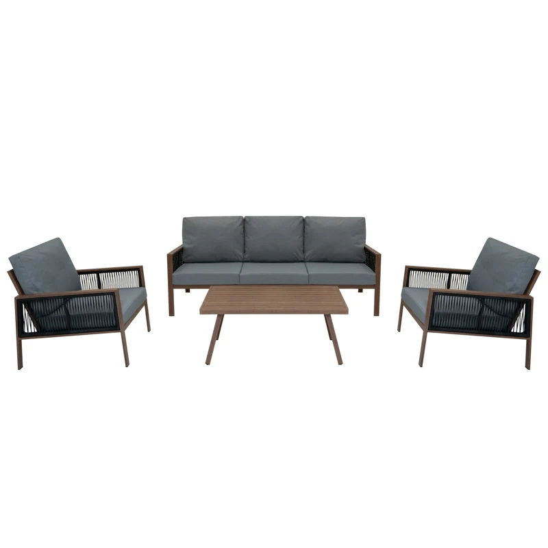 Set da Giardino in Alluminio 4 Pezzi con Cassapanca in Rattan Nero – Effetto Legno