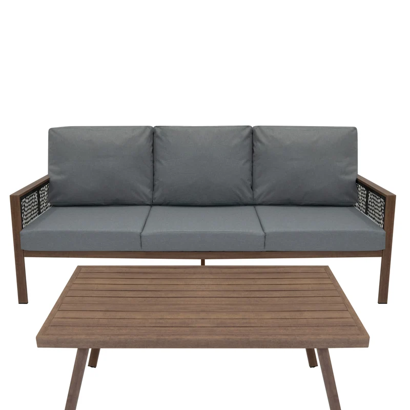 Set da Giardino in Alluminio 4 Pezzi con Cassapanca in Rattan Nero – Effetto Legno