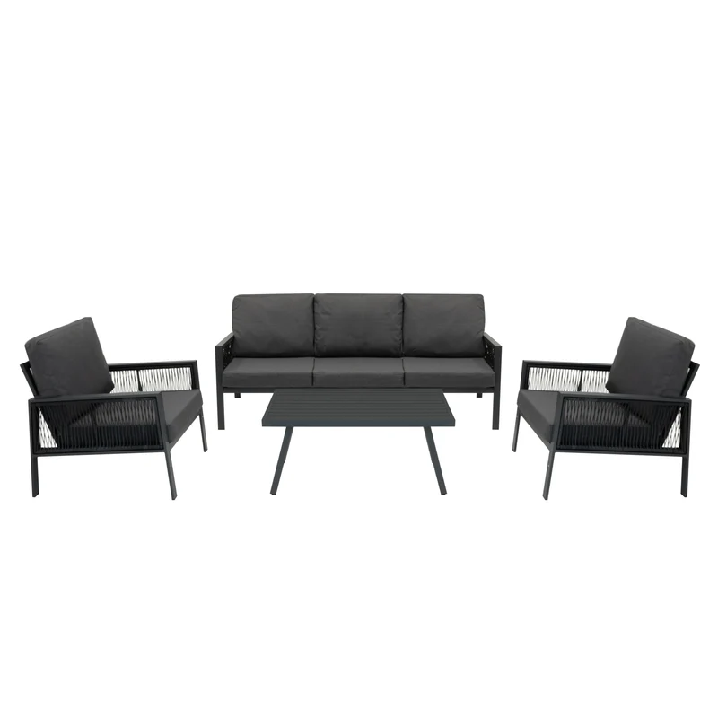 Set da Giardino in Alluminio 4 Pezzi con Cassapanca in Rattan Nero – Grigio Antracite