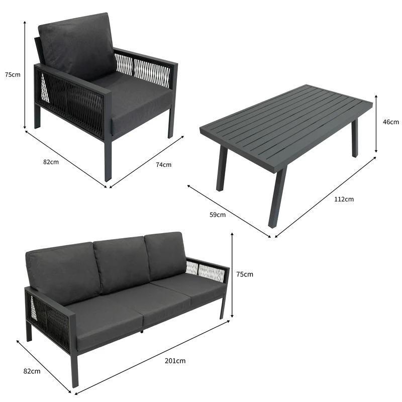 Set da Giardino in Alluminio 4 Pezzi con Cassapanca in Rattan Nero – Grigio Antracite