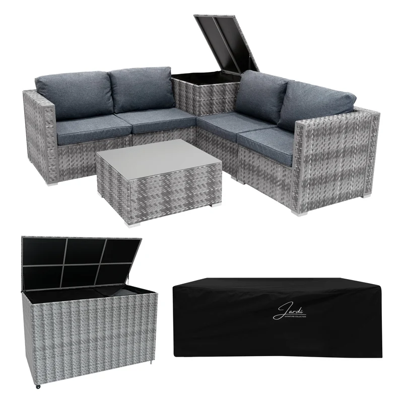 Set Rattan Grigio 6 Pezzi con Tavolino e 2 Bauli Contenitori (250L + 996L)