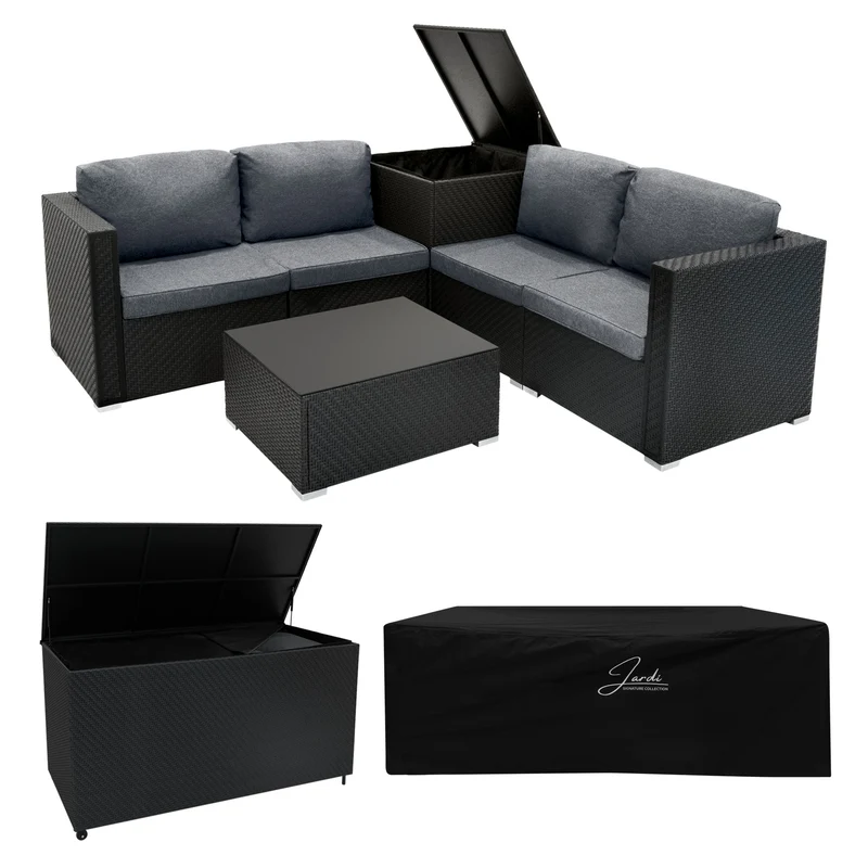 Set Rattan Nero 6 Pezzi con Tavolino e 2 Bauli Contenitori (250L + 996L)
