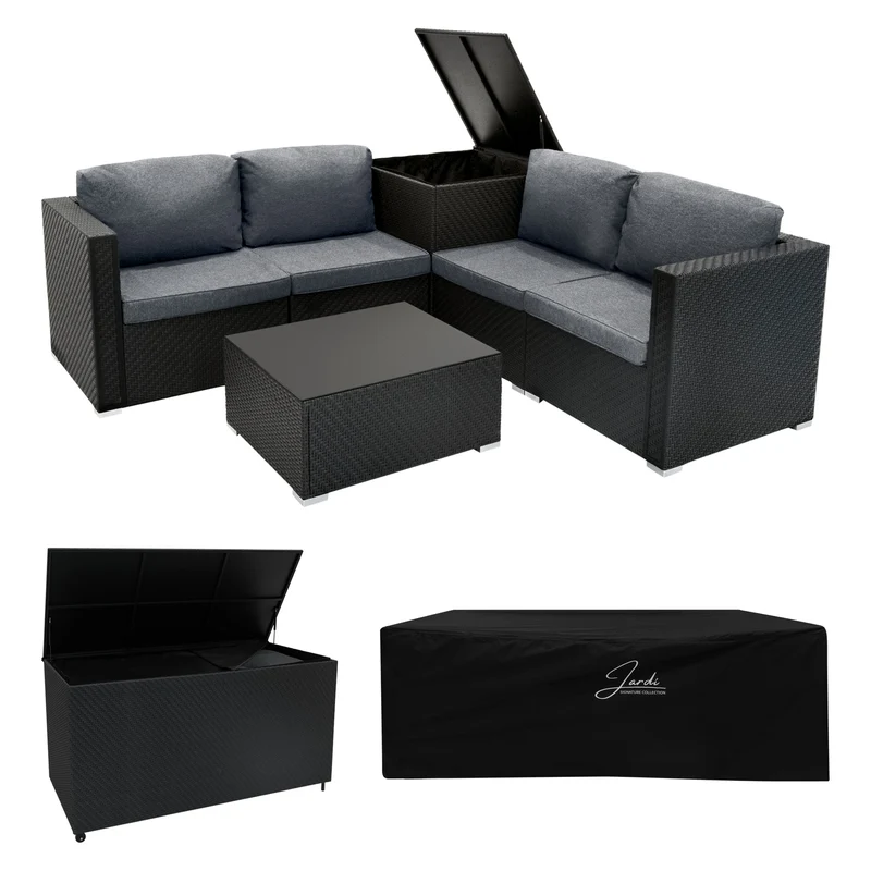 Set Rattan Nero 6 Pezzi con Tavolino e 2 Bauli Contenitori (250L + 700L)