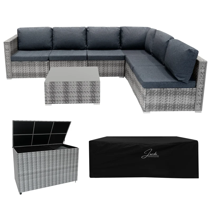 Set Divani Rattan 7 Pezzi con Tavolino & Baule 700L da Giardino - Grigio