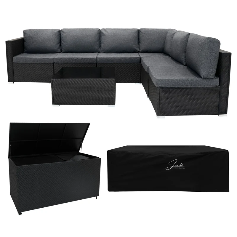 Set Divani Rattan 7 Pezzi con Tavolino & Baule 996L da Giardino - Nero