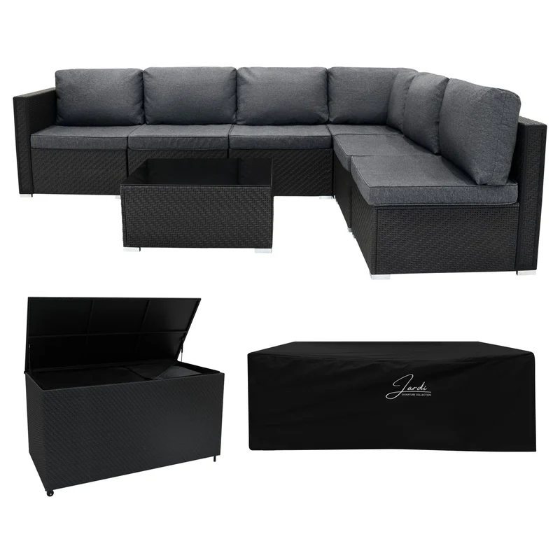Set Divani Rattan 7 Pezzi con Tavolino & Baule 700L da Giardino - Nero