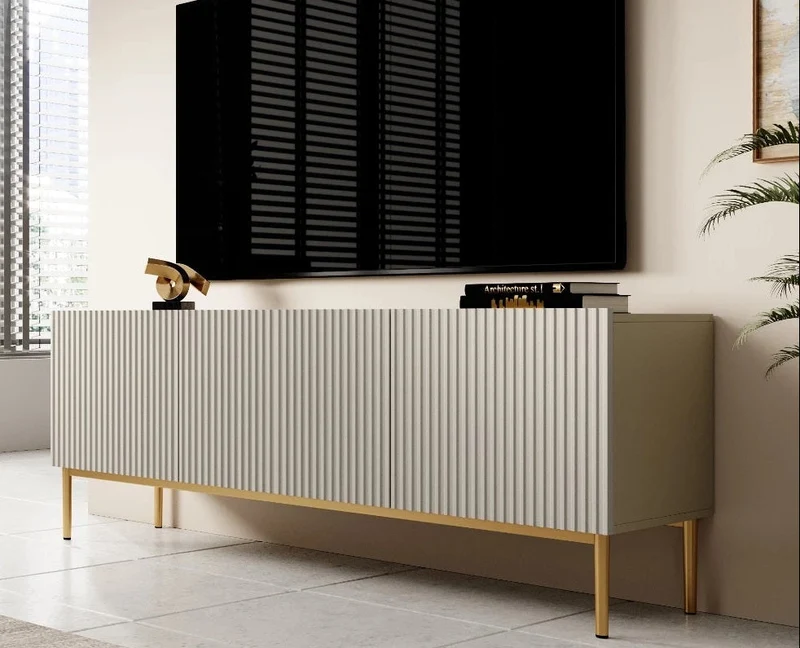 Mobile TV cashmere 2 ante a ribalta 1 cassetto con piede in metallo oro Nicole 150 x 45 cm