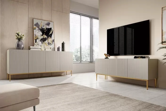 Mobile TV cashmere 2 ante a ribalta 1 cassetto con piede in metallo oro Nicole 150 x 45 cm