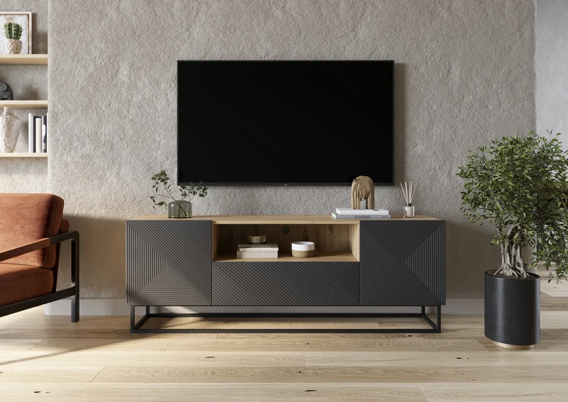 Mobile TV 2 ante 1 cassetto in legno laminato con piede in metallo Asha 167x40 cm