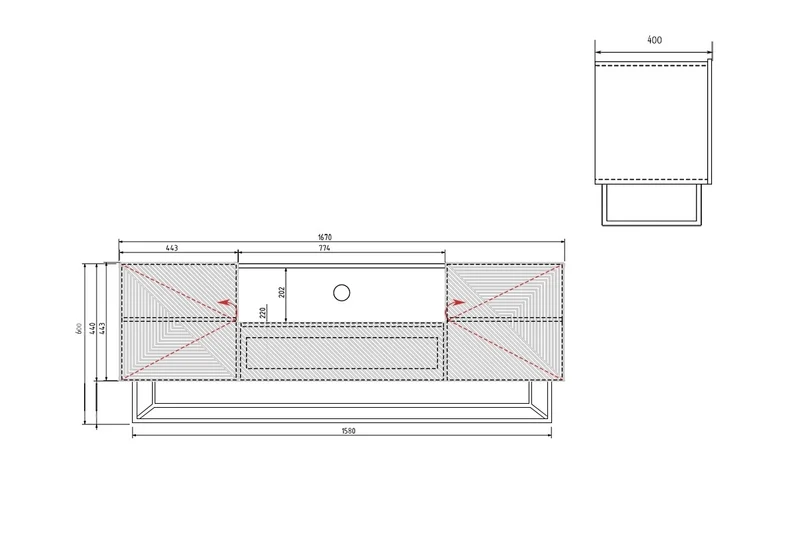 Mobile TV 2 ante 1 cassetto in legno laminato con piede in metallo Asha 167x40 cm