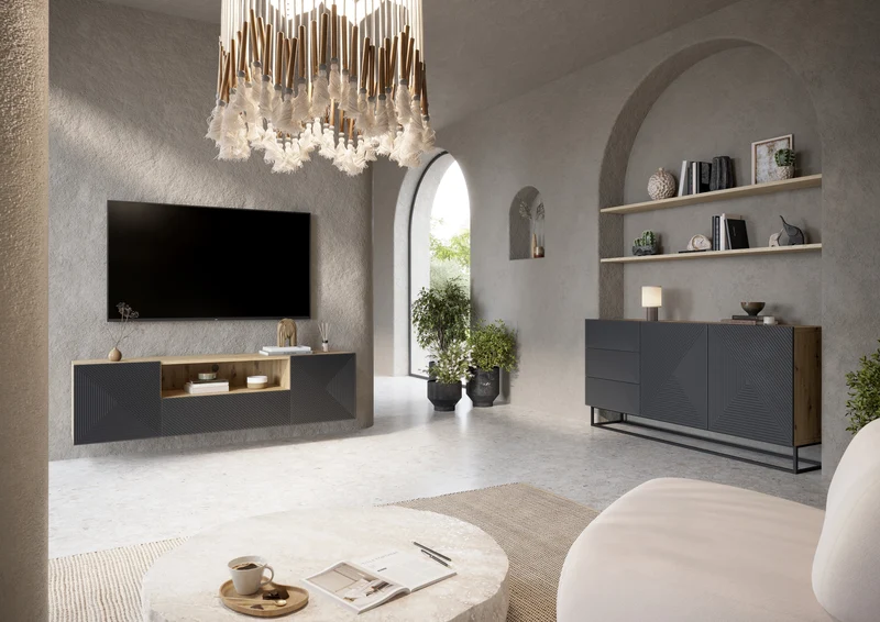 Madia 2 ante 3 cassetti in legno laminato con piede in metallo Asha 167x43 cm