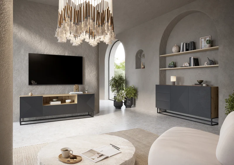 Madia 2 ante 3 cassetti in legno laminato con piede in metallo Asha 167x43 cm