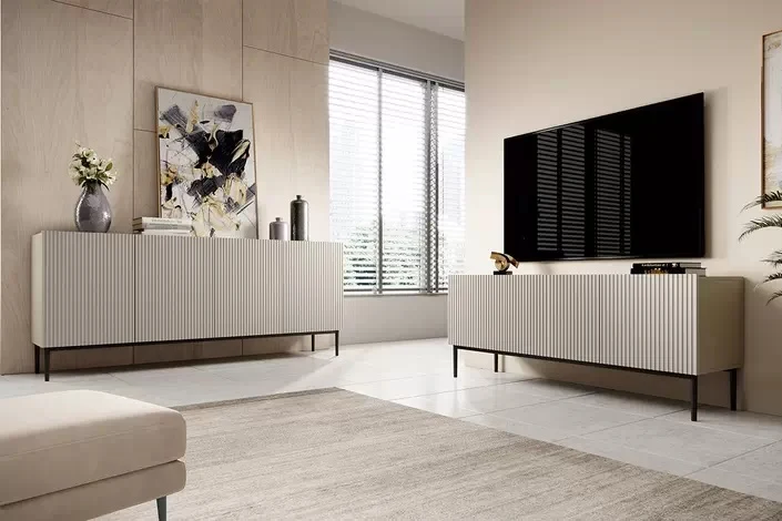 Mobile TV 2 ante a ribalta 1 cassetto con piede in metallo nero Nicole 150x45 cm