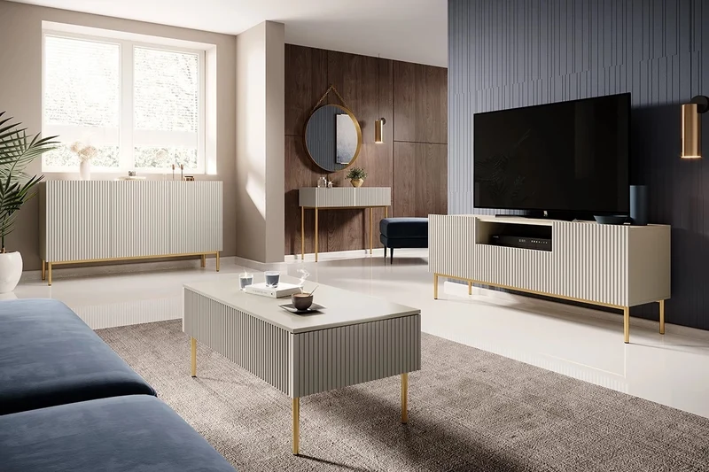 Mobile TV 2 ante e 1 cassetto con piede in metallo oro Nicole 150 x 45 cm