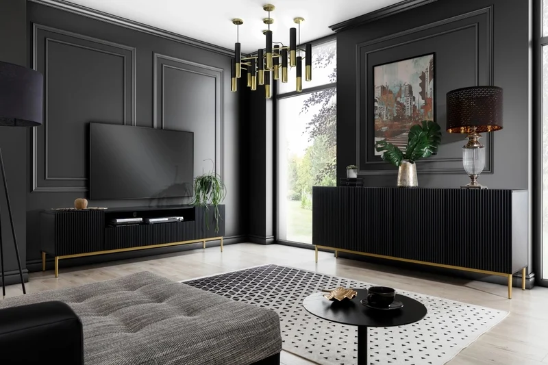 Mobile TV 2 ante e 2 cassetti con piede in metallo oro Nicole 200 x 45 cm