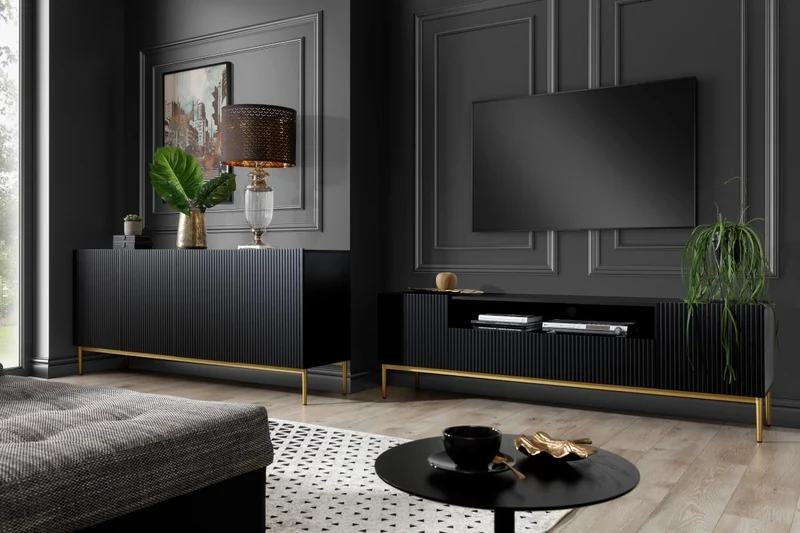 Mobile TV 2 ante e 2 cassetti con piede in metallo oro Nicole 200 x 45 cm