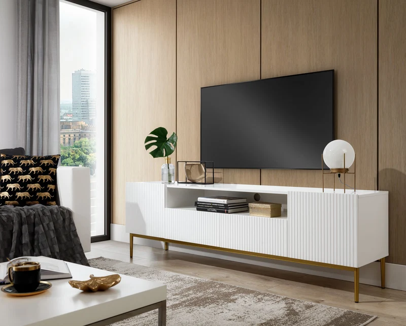 Mobile TV 2 ante e 2 cassetti con piede in metallo oro Nicole 200 x 45 cm