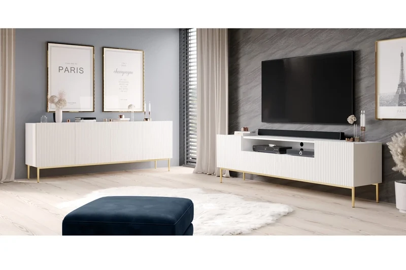 Mobile TV 2 ante e 2 cassetti con piede in metallo oro Nicole 200 x 45 cm