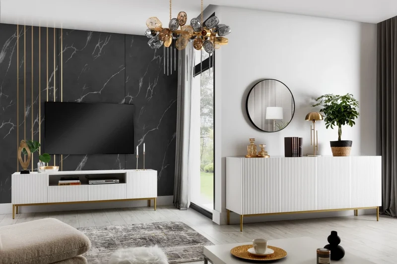 Mobile TV 2 ante e 2 cassetti con piede in metallo oro Nicole 200 x 45 cm
