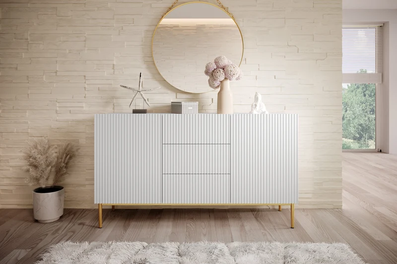 Madia 2 ante 3 cassetti centrali con piede in metallo oro Nicole 150x45 cm