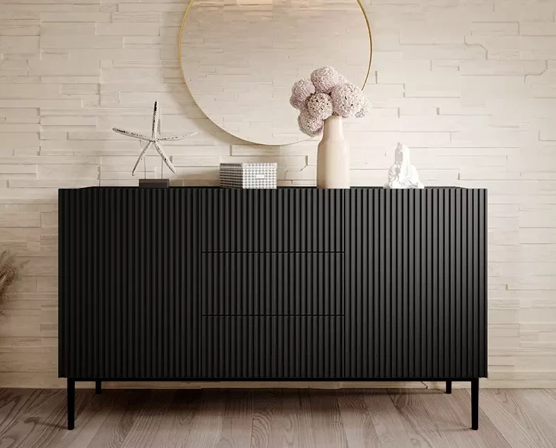 Madia 2 ante 3 cassetti centrali con piede in metallo nero Nicole 150x45 cm