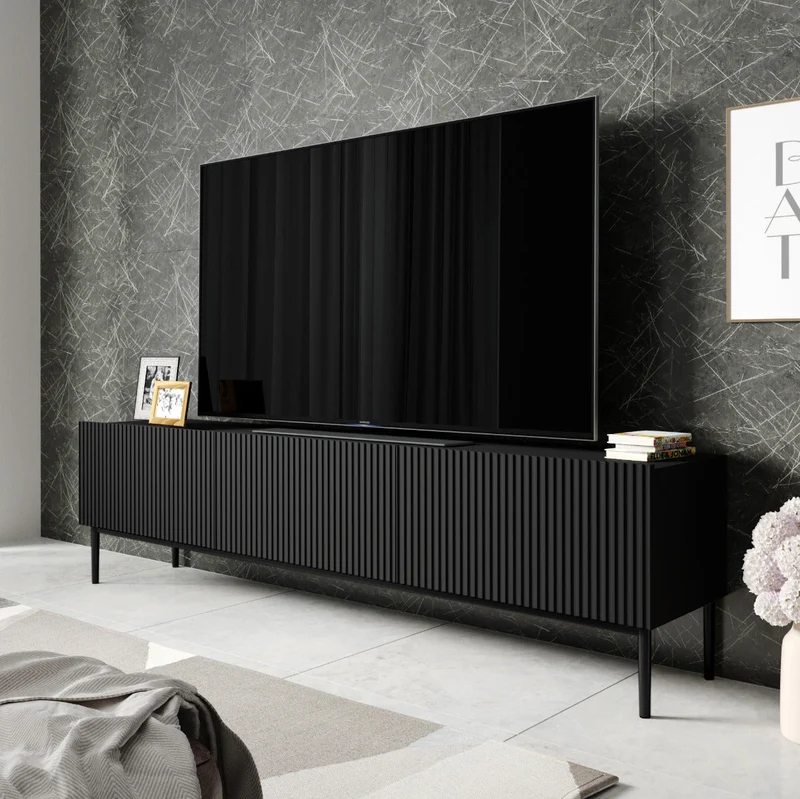 Mobile TV 2 ante a ribalta 1 cassetto con piede in metallo nero Nicole 200x45 cm