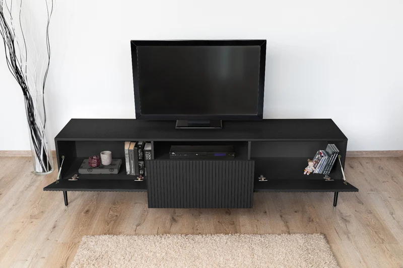 Mobile TV 2 ante a ribalta 1 cassetto con piede in metallo nero Nicole 200x45 cm