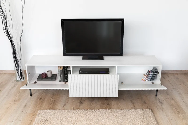 Mobile TV 2 ante a ribalta 1 cassetto con piede in metallo nero Nicole 200x45 cm