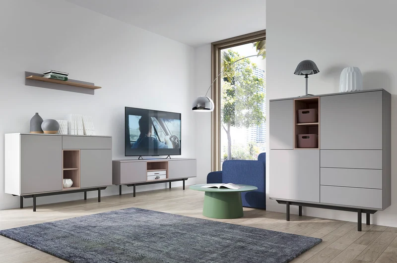 Mobile Tv Grigio largo con piedi 2 ante in legno laminato - Fogliano 175x40 cm