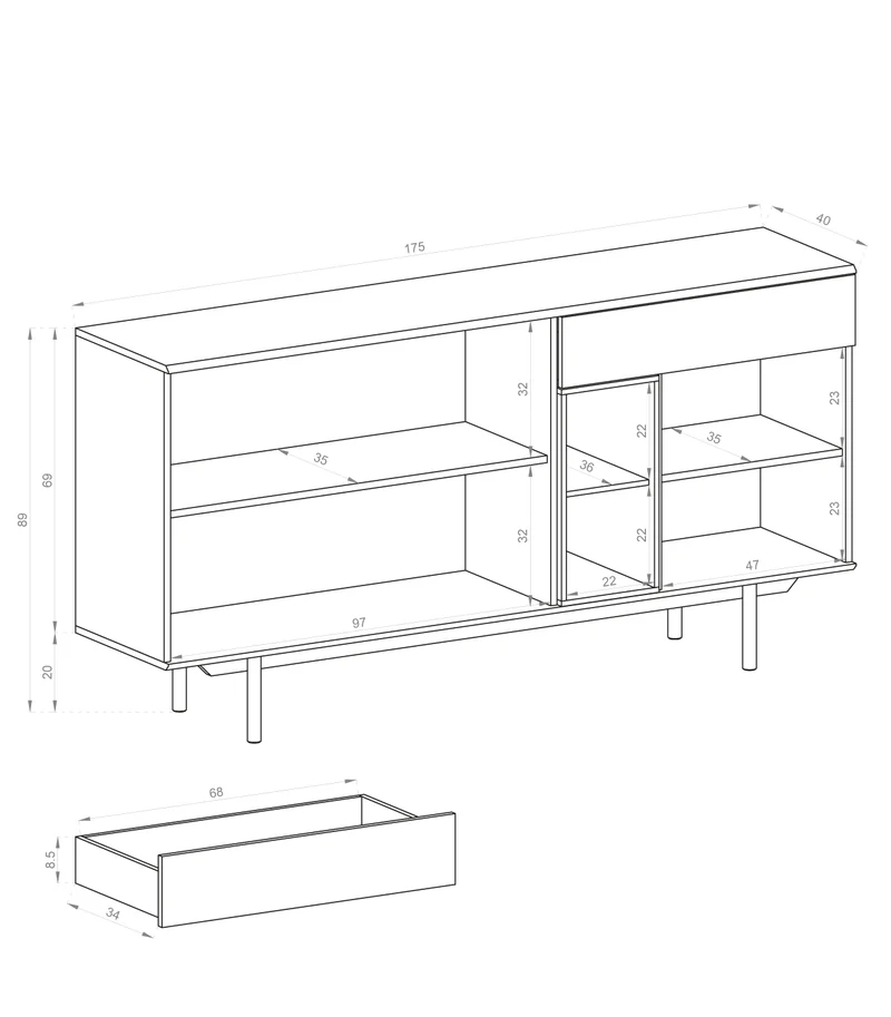 Madia grigia con piedi 3 ante e 1 cassetto in legno laminato - Fogliano 175x40 cm