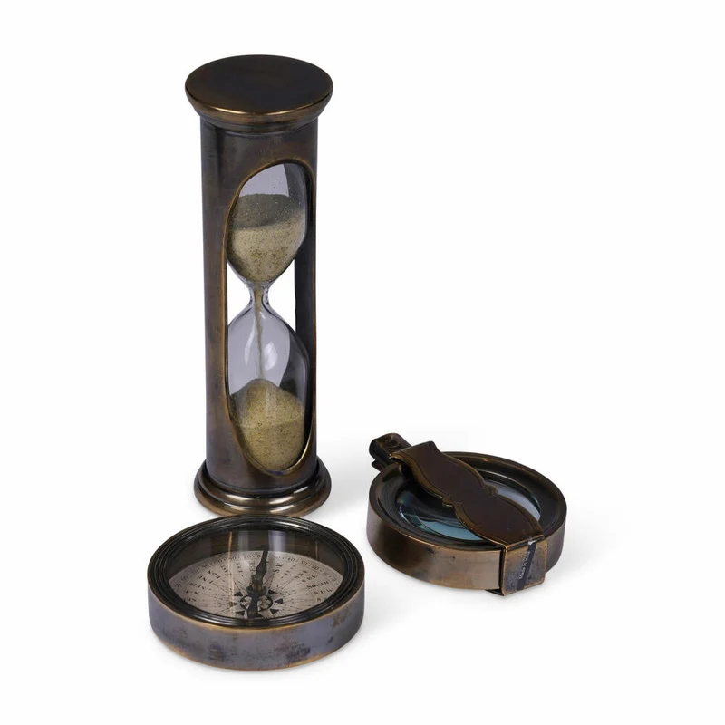 Authentic Models The Travelers Gift Box, 3-tlg., Polaris-Kompass, Sanduhr, Reiselupe, Holz / Messing / Glas, GB002