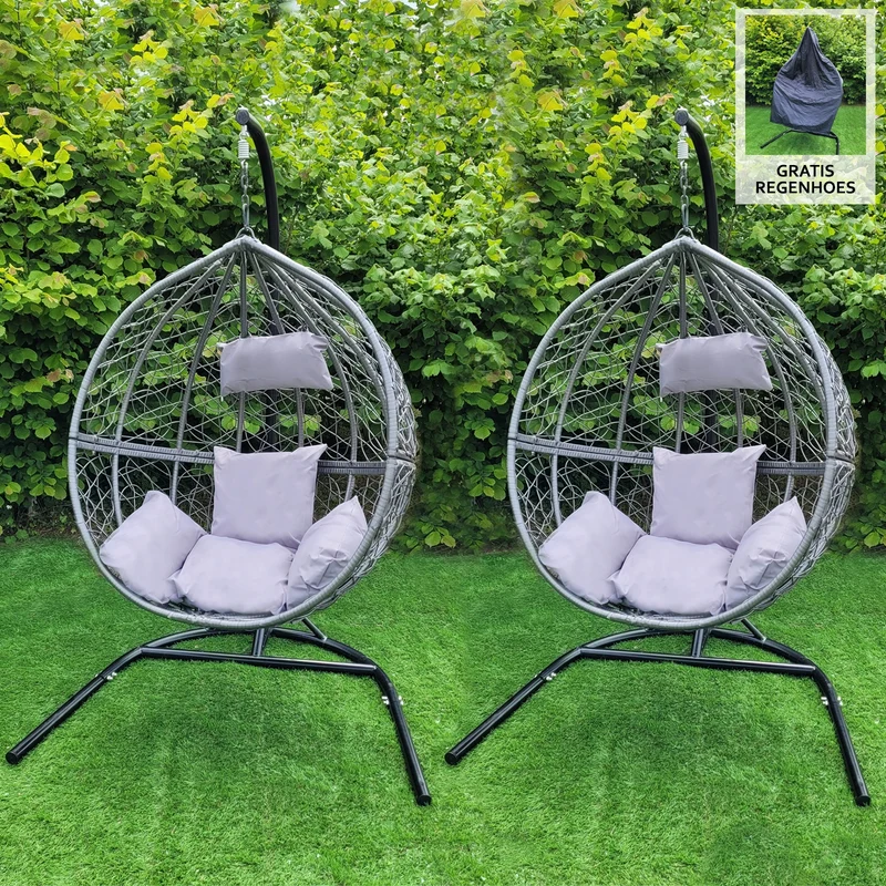 Sedia Dondolo Sospesa a Uovo da Giardino in Vimini Rattan - Grigio - 2 Poltrone