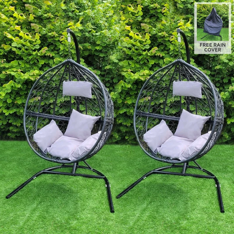 Sedia Sospesa a Uovo da Giardino, Dondolino in Vimini Rattan - Nero - 2 Poltrone