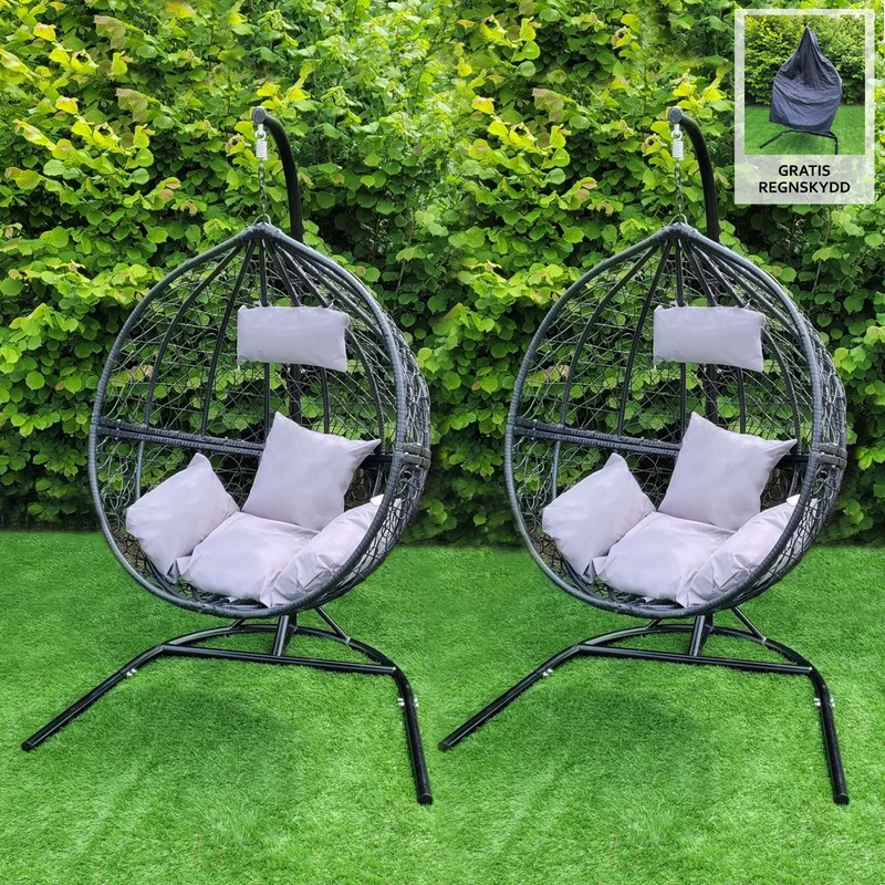 Sedia Sospesa a Uovo da Giardino, Dondolino in Vimini Rattan - Nero - 2 Poltrone